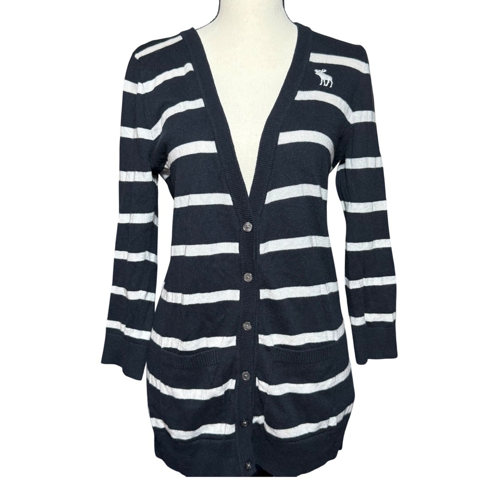 Abercrombie & Fitch Cardigan Womens L Navy White Striped Longline Logo Moose
